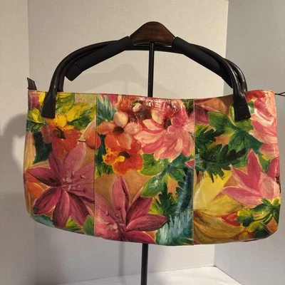 Bolsa tote Maurizio Taiuti couro feita na Itália 3 painéis floral marrom escuro alças CE - Imagem 1 de 4