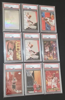 LOTE DE 9 TARJETAS CLASIFICADAS PSA DE MICHAEL JORDAN TODOS LOS INSERTOS Y PARALELOS CHICAGO BULLS Foto 1 de 4