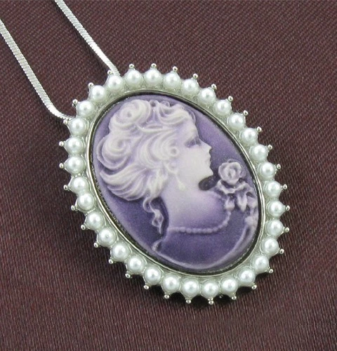 Collar colgante cadena camafeo diseño púrpura perla plata estilo antiguo vintage Foto 1 de 1