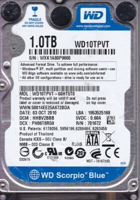 WD WD10TPVT-00HT5T0  dcm: HHBV2BBB OCT/2010 WXK1A  Thailand 1TB SATA 2.5" A19-11 - Image 1 of 2