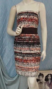 MILLY designer multicolored linen strapless dress w/brown fabric belt, sz. 4 - Picture 1 of 8