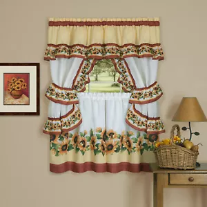 Chevron Sunflower Complete Cottage Kitchen Curtain Set by GoodGram - Asst. Sizes - Picture 1 of 2