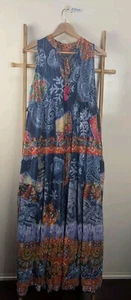 Ruby Yaya Blue Printed Metallic Detail Boho Sleeveless Maxi Dress Size M - Picture 1 of 9
