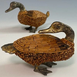 Italian Gilt Bronze Duck Sculptures with Natural African Brown Beads, 1960 VTG - Picture 1 of 8