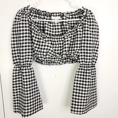 Topshop Shirt Womens 2P Cropped Gingham Plaid Bell Sleeve Elastic Neck Hems - Image 1 of 4