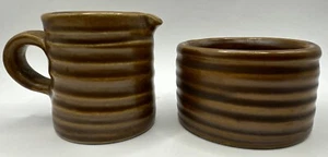 Vintage Hall Ringware Pottery Sugar & Creamer Set Brown Coffee Tea Marked USA - Picture 1 of 5