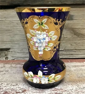 Austrian German 1960’s Cobalt Bohemian Flowered Glass Vase, 5.5” x 4” - Picture 1 of 4