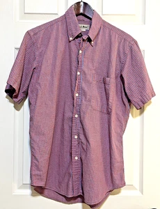 Camicia vintage LL Bean Seersucker manica corta bottoni uomo piccola righe rosse/blu USA - Foto 1 di 15