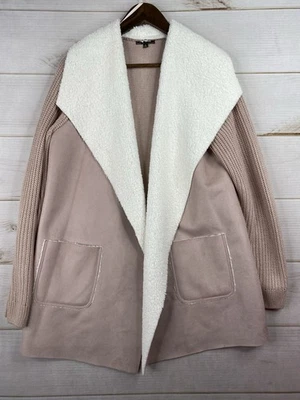Lety & Me Knit Cardigan Womens XL Pink White Vegan Faux Suede/Fur Pockets Cozy - Image 1 of 4