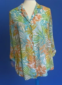 Cathy Daniels Top Womens Small Multicolor Floral Leaf Print Semi Sheer Collared - Picture 1 of 8