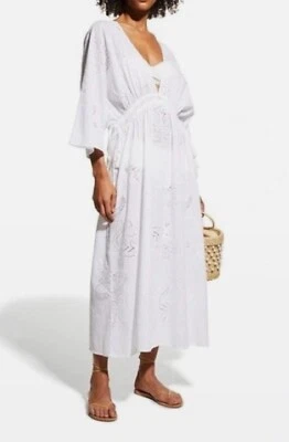 SÓLIDO Y A RAYAS Ojales Tigre Blanco Caftán Encubrimiento Talla XS Playa Vacaciones Foto 1 de 4