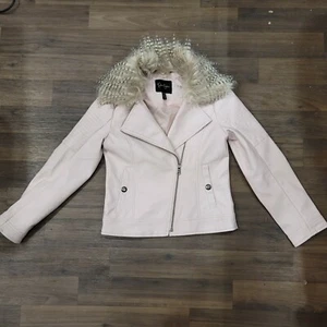 Jessica Simpson Pink Girls Tween Faux Leather Moto Jacket Removable Hood M 10-12 - Picture 1 of 12