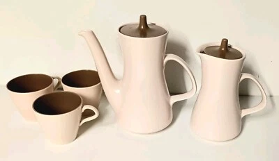 Vintage Coffee Pot, Jug and 3 Cups, Poole England, Beige & Brown 5 Piece Set - Image 1 of 4