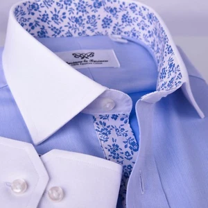 Camisa de vestir de negocios formal azul La Plata estilo puño único cuello extendido - Imagen 1 de 12