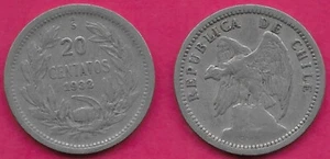 CHILE 20 CENTAVOS 1932 VF-XF DEFIANT CONDOR ON ROCK LEFT,WITH O. ROTY AT BOTTOM, - Picture 1 of 1
