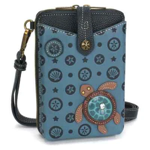 NEW CHALA NAVY BLUE SEA TURTLE SHELL SNAP CELLPHONE CROSSBODY PURSE RFID PROTECT - Picture 1 of 7