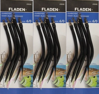 15 Fladen Sand Eels Gummi Mac 6/0 Cod Black 3 pks of 5 Lures Wreck Sea - Image 1 of 4