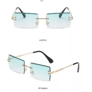 Rimless Rectangle Sunglasses Trendy Fashion Eyewear Lightweight Blue Lens Hiphop - Picture 1 of 3