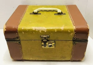 Vintage Hard Shell Train Travel Makeup Case Luggage Faux Leather - Picture 1 of 11