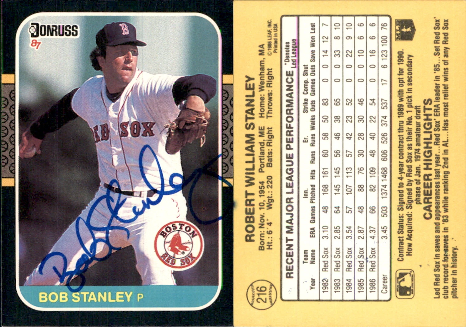 Bob Stanley Signed 1987 Donruss #216 Card Boston Red Sox Auto AU