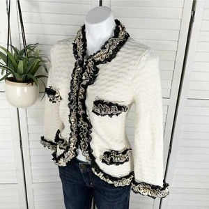 Cárdigan Michael Simon Tejido Volantes Suéter Chaqueta Gancho Ojo Crema Negro Talla S - Imagen 1 de 10