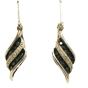 VTG Sterling Silver Black & White Diamond Earrings Dangle Twist Wave Designer P - Picture 1 of 7