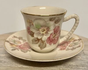 Vintage Orleans Fine China Demitasse Cup Saucer Pink Flowers Gold Trim - Picture 1 of 5