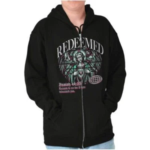 Christian Jesus Redeemed Stain Glass Verse Sweatshirt Zip Up Hoodie Men Women - Picture 1 of 7