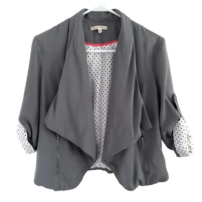 41 Hawthorn Gray Open Front Blazer Roll Tab Sleeves Polka Dot Lining Women’s M - Image 1 of 4
