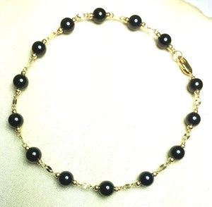 Elegantes 14k massives Gelbgold 8 1/2 Zoll langes natürliches schwarzes Onyx Armband - Bild 1 von 6