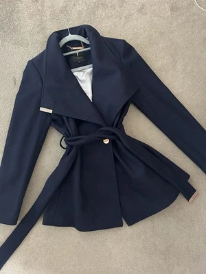 Abrigo corto Ted Baker azul marino lana mezcla cachemir abrigo envolvente talla 2 Foto 1 de 4