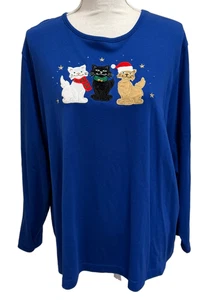 My Christmas Brand Damen Gr. 3X Blau Langarm Oberteil T-Shirt Katzen Weihnachten - Bild 1 von 7
