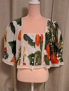Top contadino Farm Rio M tropicale manica a sbuffo orlo pizzo bottoni all'uncinetto cotone - Foto 1 di 11