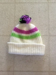 Vintage Arctic Cat Knit Hat White Purple And Green Stripe Blk/Green/Purple Ball - Picture 1 of 6