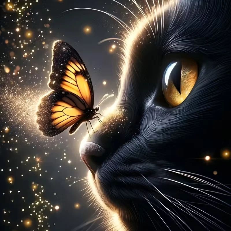 beautiful black cat and butterfly 5d diamond art kit 20x20cms perfect gift