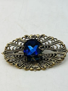 Broche de filigrana vintage tono dorado piedra azul cobalto checo? Latón grande - Imagen 1 de 3