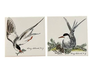 2 handbemalte 6x6 Vogelfliesen Vintage Veilchen Seeschwalbe? Miller Place Long Island - Bild 1 von 12
