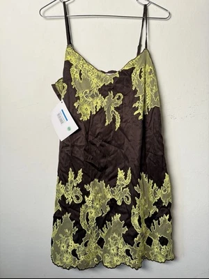 Новый с Ярлыками Topshop без рукавов атлас и кружева Cami Midi платье в коричневый и лайм размер 12 - Изображение 1 из 4