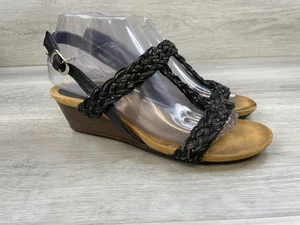 Spring Step Patrizia Women's 8 Black Slingback Braided Leather Sandal Wedge Boho - Picture 1 of 13