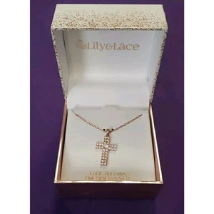 Lily & Lace Cross Pendant Necklace Rose Gold Tone Fine Silver Plated CZ Crystals - Picture 1 of 8