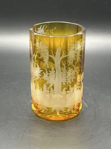Antique 1900's Moser Wheel Carved Bohemian Rich Amber Glass Dear Goblet 5” Tall - Picture 1 of 5