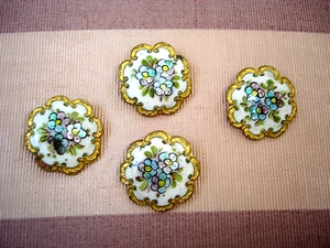 Antique Lovely SET of 4 Victorian Champleve Irridescent Flowers Shank Buttons - Picture 1 of 6