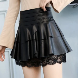 Women Short Skirt PU Faux Leather Layered Ruffle Lace High Waist A-line Punk - Picture 1 of 9