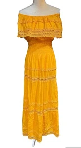 Womens Ruffled Maxi Dress Off Shoulder Yellow Bohemian Mexican One Size *READ - Picture 1 of 9