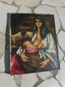 TABLEAU PEINTURE FEMME A L'ENFANT QUI DONNE LE SEIN SIGNE M BARTIER - Imagen 1 de 12