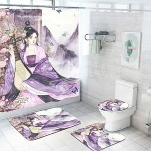 Oriental Girl Art Painting Shower Curtain Set Non-Slip Bath Mat Toilet Lid Cover - Picture 1 of 12