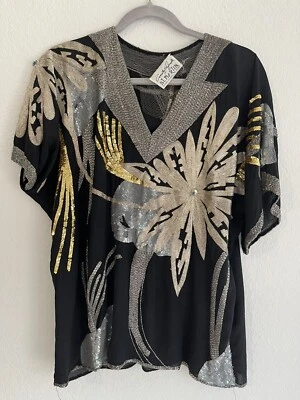 Espectacular Blusa Con Cuentas Lentejuelas Seda Negra Concetta Rafanello Diseñador Vintage Foto 1 de 4