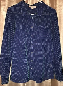 Olive & Oak Navy Blue Blouse Green Polka Dots Medium M Sheer Topper Top (B13) - Picture 1 of 7
