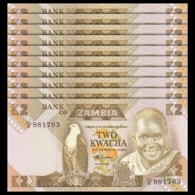 Zambia 2 Kwacha, 1986-1988, Pick#24, Lot of 10 pcs, UNC - Image 1 of 2