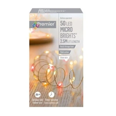 Premier 50 LED Battery Op Micro Brights Xmas Pin Wire Lights Timer RED & GOLD - Image 1 of 3